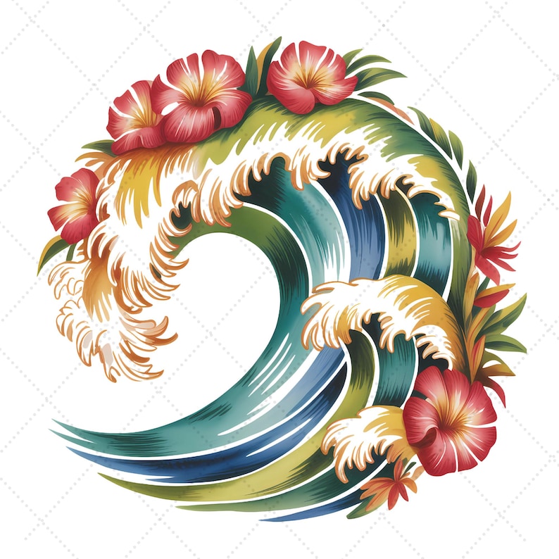 May include: A colourful illustration of a wave, adorned with red hibiscus flowers and green foliage. The wave is rendered in shades of teal, blue, yellow, and gold. The design has a tropical theme.