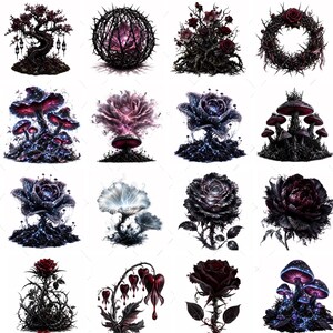May include: A collection of sixteen digital illustrations featuring dark, thorny botanical elements including twisted trees with lanterns, glowing mushrooms, intricate rose arrangements, and spiky circular wreaths in shades of black, purple, and deep red.