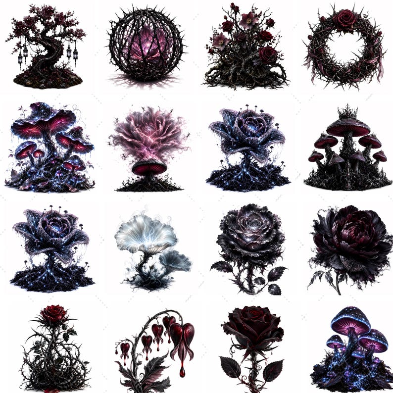 May include: A collection of sixteen digital illustrations featuring dark, thorny botanical elements including twisted trees with lanterns, glowing mushrooms, intricate rose arrangements, and spiky circular wreaths in shades of black, purple, and deep red.