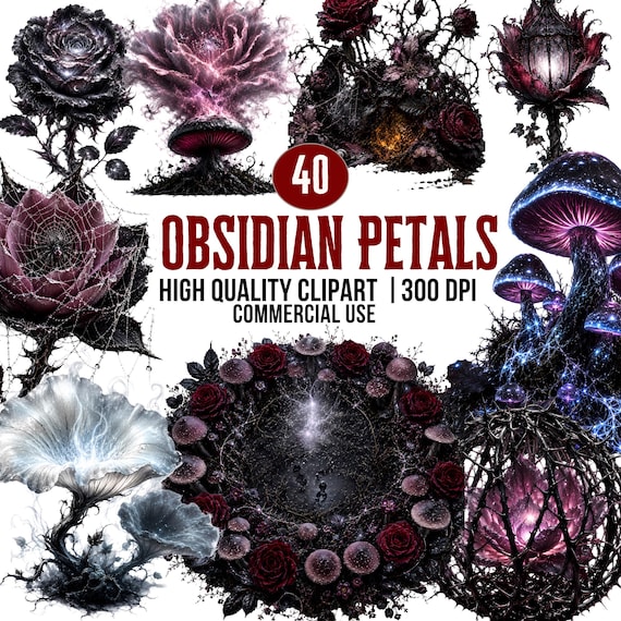 Dark Floral Clipart: 40 Gothic Fantasy Flowers PNG Set (Digital Download)