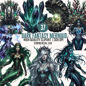 May include: Digital art featuring dark fantasy mermaids, crystals, and a pearl in a shell. The image includes text that reads "Dark Fantasy Mermaid, High Quality Clipart, 300 DPI, Commercial Use". The mermaids have green, blue, and silver tones.