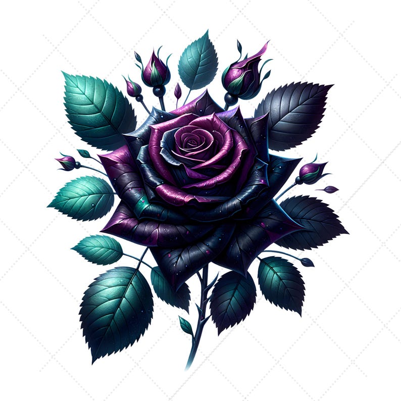 May include: A digital illustration of a dark rose with a deep purple center, transitioning to black and teal outer petals. The image includes green leaves and buds, all set against a white background. The rose is the focal point, showcasing intricate details.