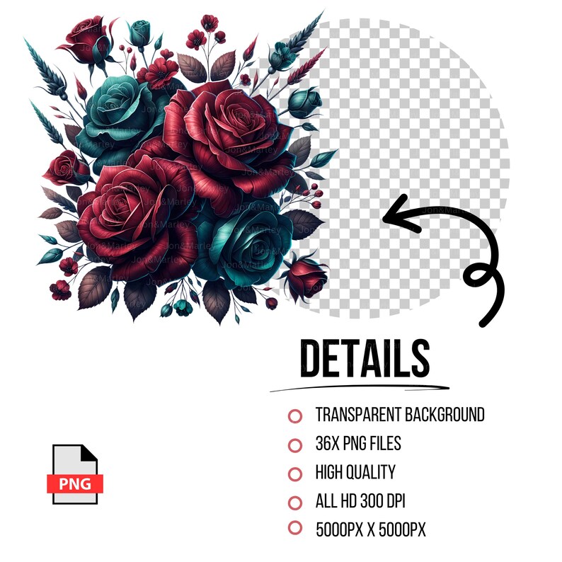 May include: A digital illustration of a bouquet of roses in shades of deep red and teal, with green leaves and accents. The word "DETAILS" is written in bold black font. The image also includes a PNG file icon.