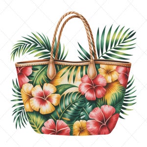 May include: A watercolour illustration of a tote bag with a tropical theme. The bag features a vibrant design of red, yellow, and pink hibiscus flowers and green palm leaves. It has brown handles and trim, ideal for a beach outing.