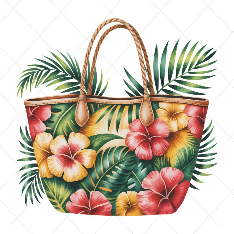 May include: A watercolour illustration of a tote bag with a tropical theme. The bag features a vibrant design of red, yellow, and pink hibiscus flowers and green palm leaves. It has brown handles and trim, ideal for a beach outing.