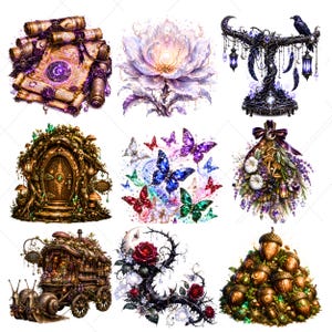 May include: A collection of whimsical digital art images featuring fantasy elements. Includes a scroll with celestial designs, a glowing flower, a decorative stand with a raven, a fairy door, colorful butterflies, a bouquet, a caravan, a rose and thorn design, and a pile of acorns.