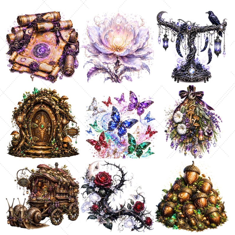 May include: A collection of whimsical digital art images featuring fantasy elements. Includes a scroll with celestial designs, a glowing flower, a decorative stand with a raven, a fairy door, colorful butterflies, a bouquet, a caravan, a rose and thorn design, and a pile of acorns.