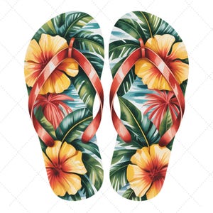 May include: A pair of flip-flops with a tropical floral design. The sandals feature a vibrant pattern of yellow hibiscus flowers, red accents, and green leaves. The straps are a bright red colour, perfect for summer.