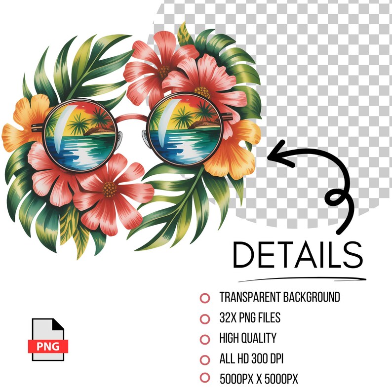 May include: A vibrant tropical design with round sunglasses reflecting a beach scene, set amongst red, orange, and yellow flowers and green foliage. The design includes the text "DETAILS" and "PNG".