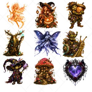 May include: A collection of nine fantasy illustrations featuring fairies, gnomes, and magical creatures. The images showcase detailed artwork with vibrant colors, including a fairy with a wand, a witch with a pumpkin, and a gnome with an acorn.