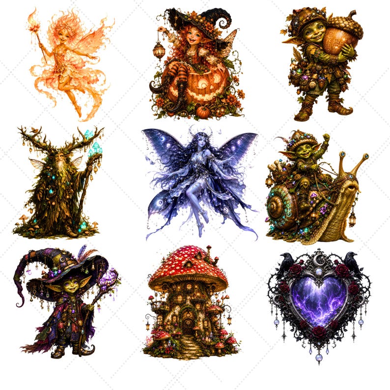 May include: A collection of nine fantasy illustrations featuring fairies, gnomes, and magical creatures. The images showcase detailed artwork with vibrant colors, including a fairy with a wand, a witch with a pumpkin, and a gnome with an acorn.