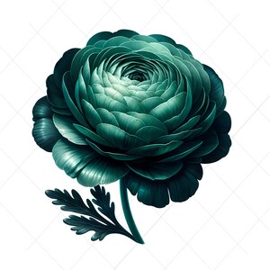 May include: A digitally rendered teal flower with layered petals and a dark green stem and leaves. The flower is centered on a white background with a subtle diamond pattern, creating a striking contrast.
