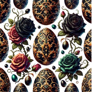 May include: Seamless pattern featuring ornate black Easter eggs with gold filigree designs, interspersed with roses in shades of red, black, and green, and small decorative egg-shaped pendants, all set against a white background.