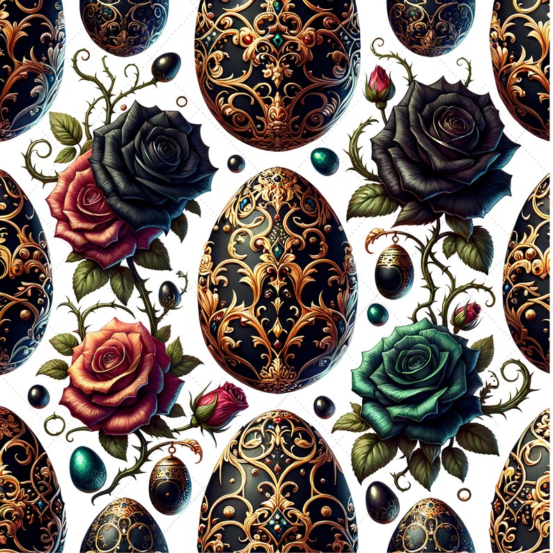 May include: Seamless pattern featuring ornate black Easter eggs with gold filigree designs, interspersed with roses in shades of red, black, and green, and small decorative egg-shaped pendants, all set against a white background.