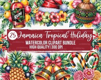 Jamaica Tropical Christmas Clipart Bundle - Caribbean Christmas Illustrations Digital Download