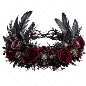 May include: A circular crown featuring deep red roses, dark purple floral accents, and black feathers arranged around a central silver-toned skull emblem. The structure is composed of thin, thorny branches and dark berries, creating a dense, layered arrangement.
