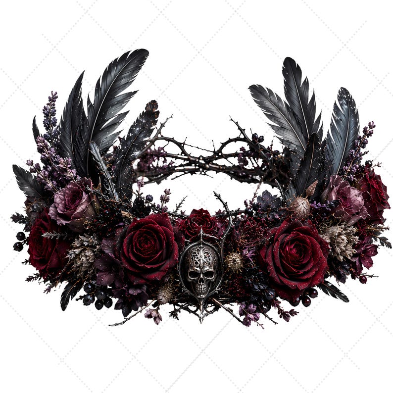 May include: A circular crown featuring deep red roses, dark purple floral accents, and black feathers arranged around a central silver-toned skull emblem. The structure is composed of thin, thorny branches and dark berries, creating a dense, layered arrangement.
