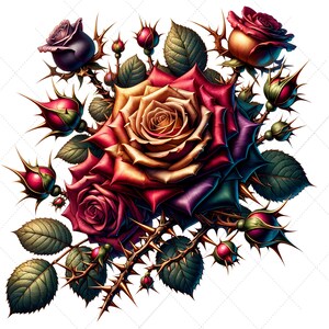 May include: A digital illustration of a bouquet of roses in various stages of bloom. The roses display a gradient of colors, including red, purple, and gold. The stems are adorned with thorns and surrounded by green leaves, set against a white background.