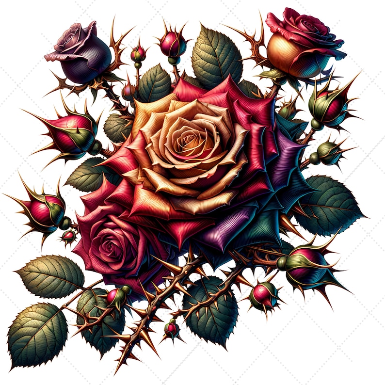 May include: A digital illustration of a bouquet of roses in various stages of bloom. The roses display a gradient of colors, including red, purple, and gold. The stems are adorned with thorns and surrounded by green leaves, set against a white background.