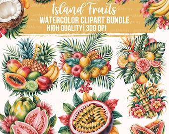 Tropiska frukter Clipart-paket, öfrukt akvarell PNG, exotisk frukt Clipart, sommarfrukt T-shirt grafik