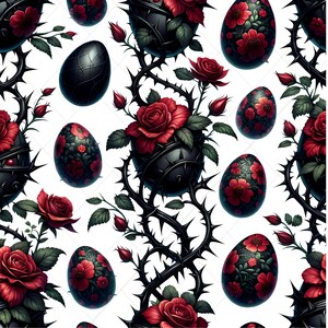 May include: Seamless pattern featuring black eggs with floral designs and thorny vines with red roses. The eggs have intricate patterns and are surrounded by dark, spiky vines and vibrant red roses against a white background. The overall theme is gothic and floral.