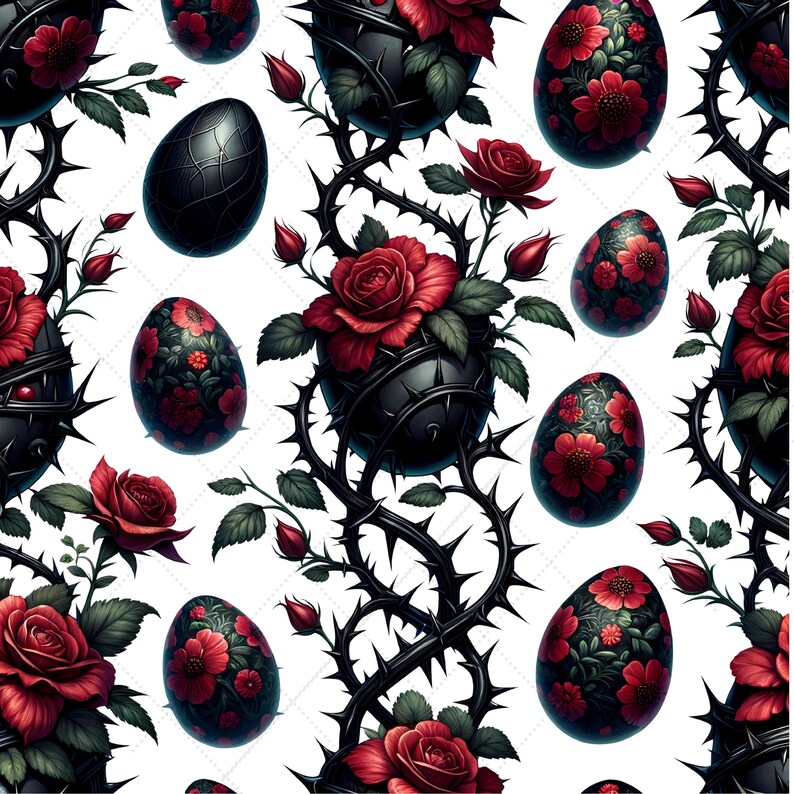 May include: Seamless pattern featuring black eggs with floral designs and thorny vines with red roses. The eggs have intricate patterns and are surrounded by dark, spiky vines and vibrant red roses against a white background. The overall theme is gothic and floral.