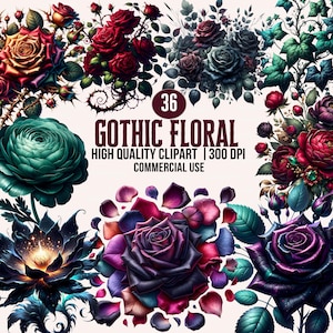 May include: A digital collage of gothic floral designs. The image features various roses and floral arrangements in shades of red, purple, teal, and black. The text "Gothic Floral" is displayed with additional text indicating high-quality clipart.