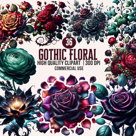 Dark Floral Clipart Bundle: 36 Gothic Fantasy PNG Set (Digital Download)