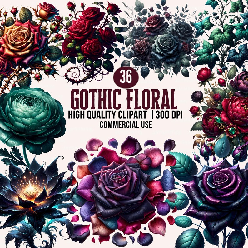 May include: A digital collage of gothic floral designs. The image features various roses and floral arrangements in shades of red, purple, teal, and black. The text "Gothic Floral" is displayed with additional text indicating high-quality clipart.