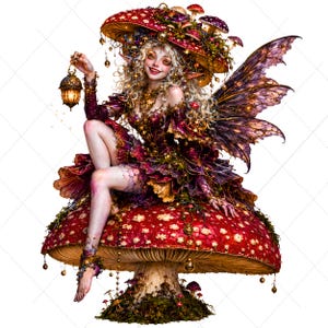 May include: A whimsical illustration of a fairy with curly blonde hair, wearing a burgundy dress and mushroom hat, sitting on a large red mushroom. The fairy holds a lantern and has purple wings, with gold accents throughout.