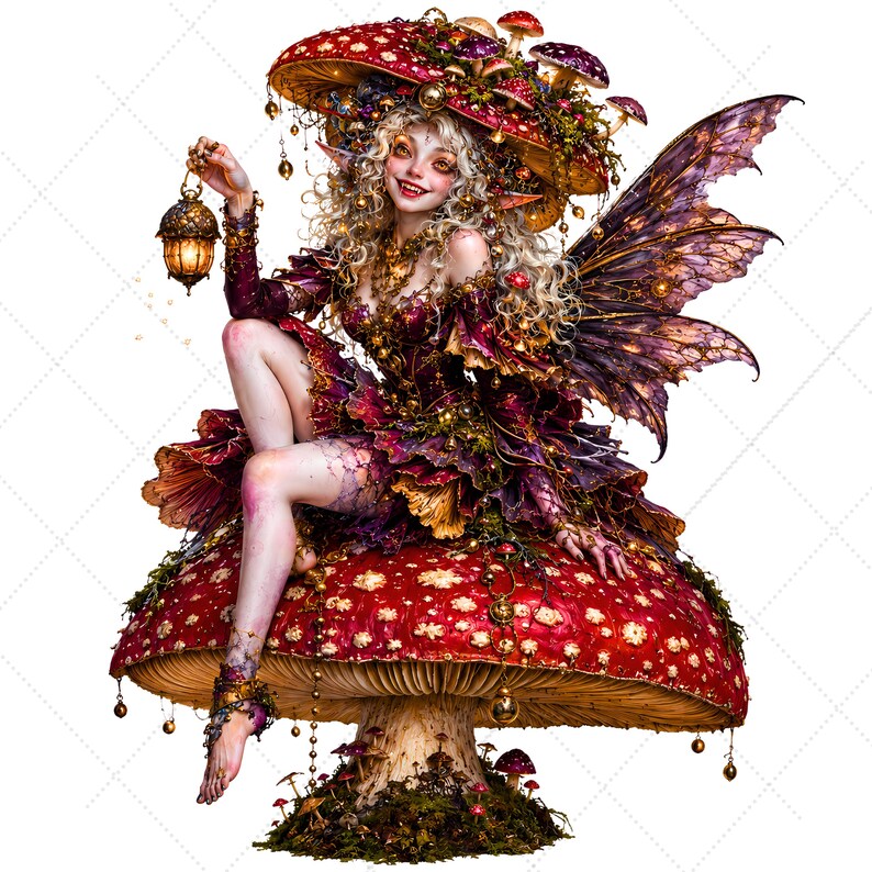 May include: A whimsical illustration of a fairy with curly blonde hair, wearing a burgundy dress and mushroom hat, sitting on a large red mushroom. The fairy holds a lantern and has purple wings, with gold accents throughout.