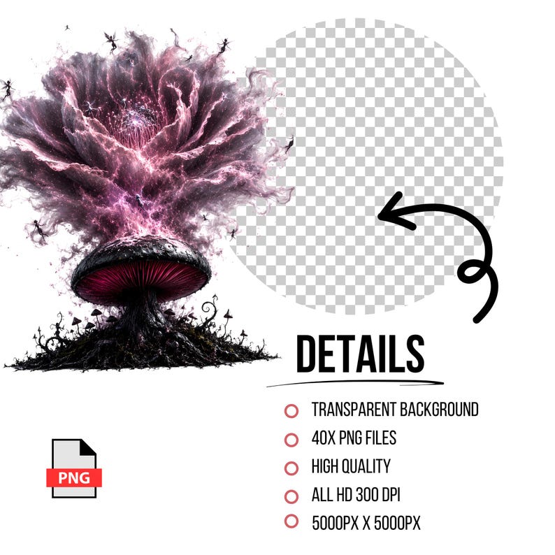May include: A digital graphic featuring a dark mushroom with a glowing purple nebula-like cloud rising from its cap, surrounded by tiny silhouettes. Text includes DETAILS, TRANSPARENT BACKGROUND, 40X PNG FILES, HIGH QUALITY, ALL HD 300 DPI, 5000PX X 5000PX.