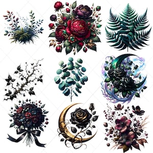 May include: A collection of nine digital illustrations featuring botanical elements. The images include arrangements of flowers, ferns, and branches in various styles and colors, such as deep reds, blacks, and greens, with a white background.