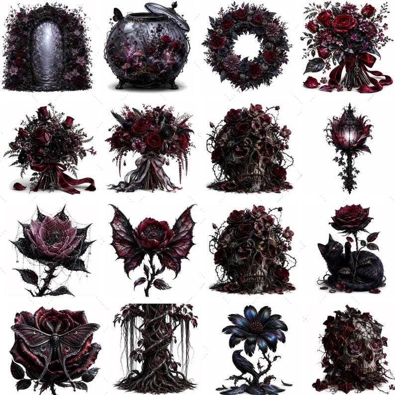 Dark Floral Clipart: 40 Gothic Fantasy Flowers PNG Set (Digital Download) image 9