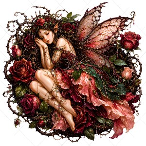 May include: A digital art image of a fairy with red and pink wings, resting on a bed of roses and thorns. The fairy wears a red dress and has a floral crown. The artwork has a fantasy theme.