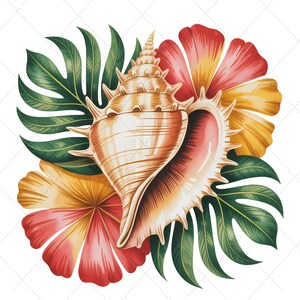 May include: A watercolour illustration of a seashell with a spiky exterior, surrounded by tropical flowers in red, yellow, and green leaves. The seashell is light brown with a pink interior.