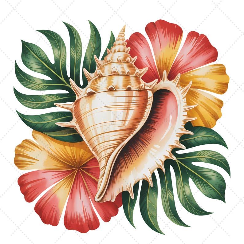 May include: A watercolour illustration of a seashell with a spiky exterior, surrounded by tropical flowers in red, yellow, and green leaves. The seashell is light brown with a pink interior.