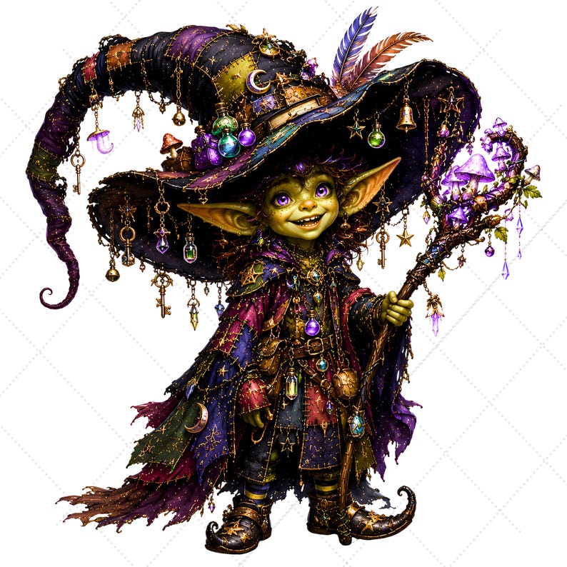 May include: A whimsical illustration of a green-skinned goblin wearing a patchwork robe and a large, ornate hat adorned with charms and keys. The goblin holds a staff topped with glowing purple mushrooms. The overall color palette is rich with purples, golds, and greens.