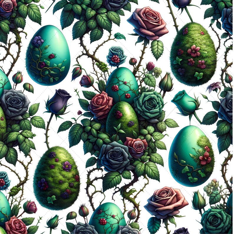 May include: Seamless pattern featuring Easter eggs and roses. The eggs are teal, green, and mossy, adorned with vines and small flowers. Roses in shades of pink, red, and blue-grey are interspersed with green leaves and thorny stems against a white background.