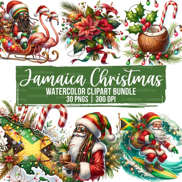 Paquete de imágenes prediseñadas navideñas de Jamaica: descarga digital de ilustraciones navideñas isleñas