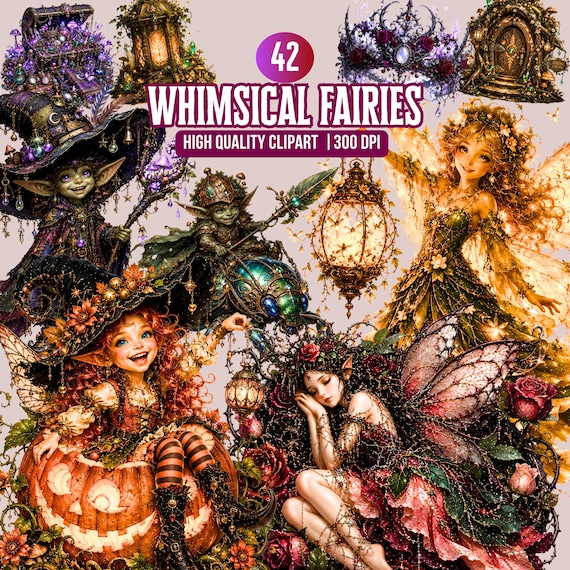 Whimsical Fairy Clipart Bundle: Dark Fantasy PNGs, Gothic Cottagecore Graphics (Digital Download)