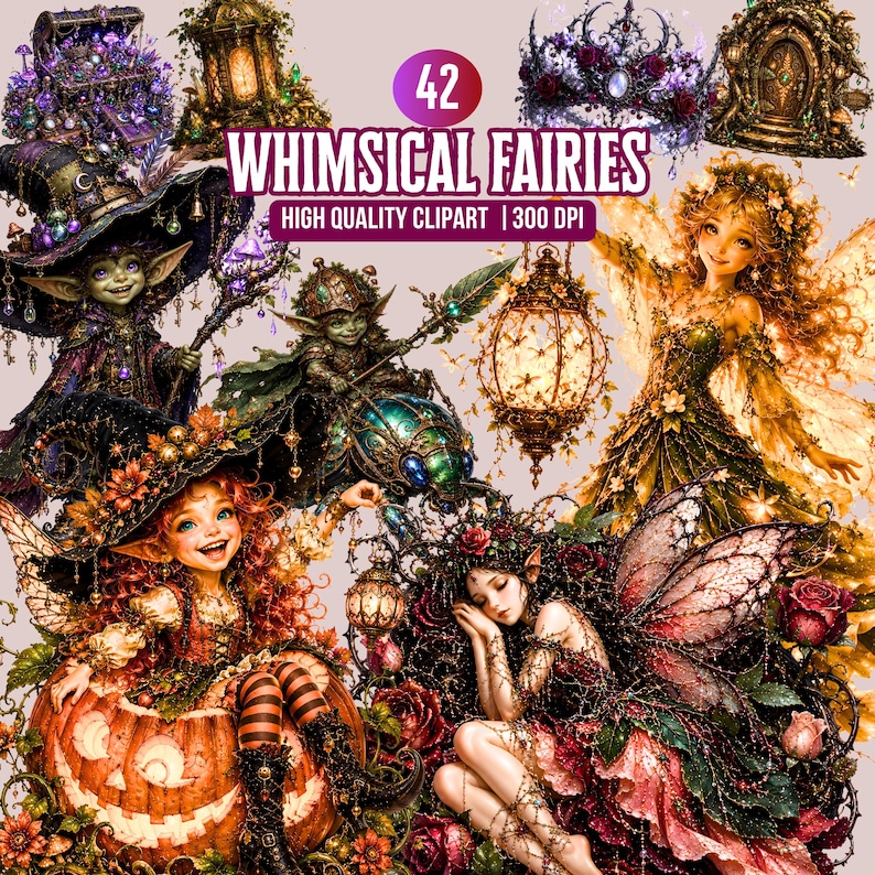 May include: A digital collage featuring 42 whimsical fairies. The image includes illustrations of fairies with wings, hats, and lanterns. The text "WHIMSICAL FAIRIES" and "HIGH QUALITY CLIPART | 300 DPI" is also visible.