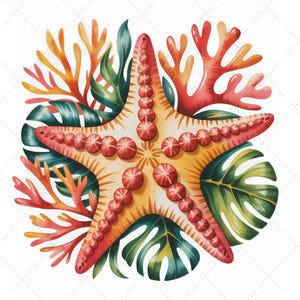 May include: A watercolour illustration of a starfish, coral, and tropical leaves. The starfish is yellow with red edges and decorative elements. The coral is red, orange, and pink, and the leaves are green.