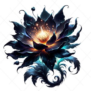 May include: A digital illustration of a stylized flower with dark blue petals and a glowing center. The flower has intricate details and a celestial theme, with sparkling accents and a swirling, decorative base.