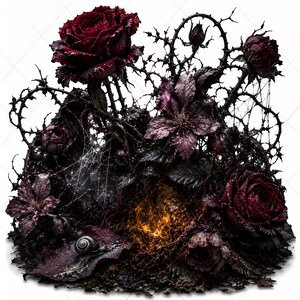 May include: A cluster of dark burgundy roses and purple clematis flowers intertwined with thorny black vines and delicate spiderwebs. A small snail rests on a dark leaf near the base, where a warm, glowing orange light emanates from the center.