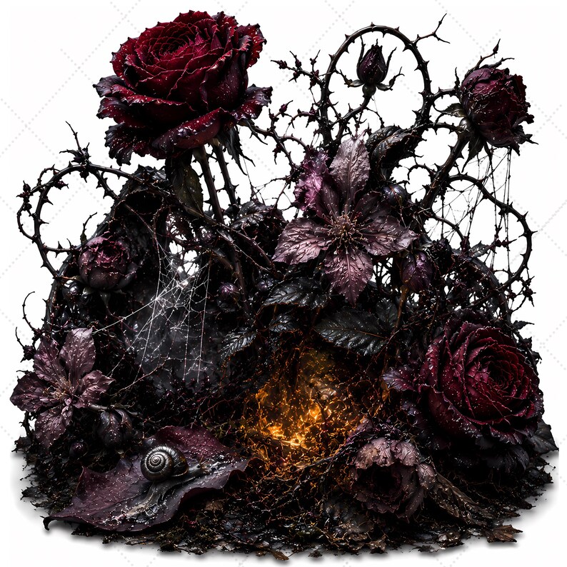 May include: A cluster of dark burgundy roses and purple clematis flowers intertwined with thorny black vines and delicate spiderwebs. A small snail rests on a dark leaf near the base, where a warm, glowing orange light emanates from the center.