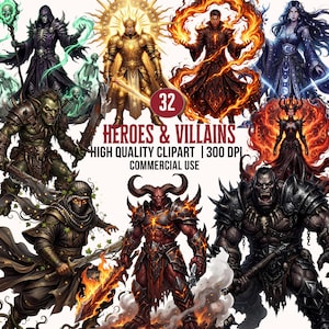 Può includere: Clipart digitale con 32 eroi e cattivi fantasy. L'immagine include vari personaggi come un mago, un re, un demone e un guerriero. Il testo recita "HEROES & VILLAINS HIGH QUALITY CLIPART | 300 DPI COMMERCIAL USE."
