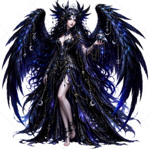 May include: A digital illustration of a woman with large, dark blue feathered wings and a long, flowing black gown. She wears a jeweled crown and holds a skull. The artwork has a fantasy theme with celestial accents.