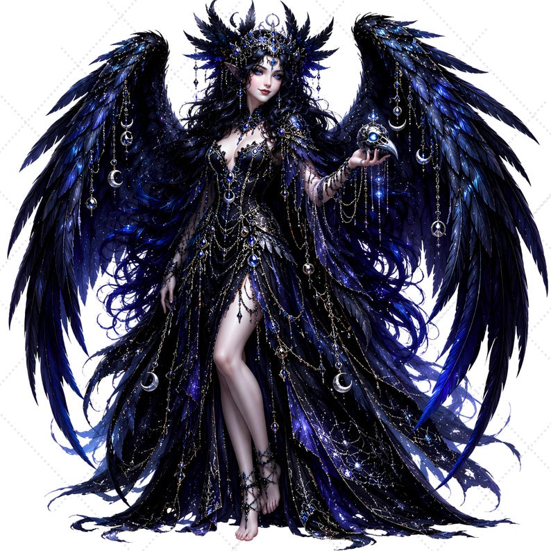 May include: A digital illustration of a woman with large, dark blue feathered wings and a long, flowing black gown. She wears a jeweled crown and holds a skull. The artwork has a fantasy theme with celestial accents.