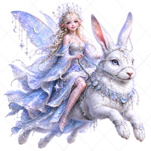 May include: A digital illustration of a fairy riding a white rabbit. The fairy has long blonde hair, a crown, and a flowing blue dress. The rabbit is adorned with jewels and a bridle. The background is white.